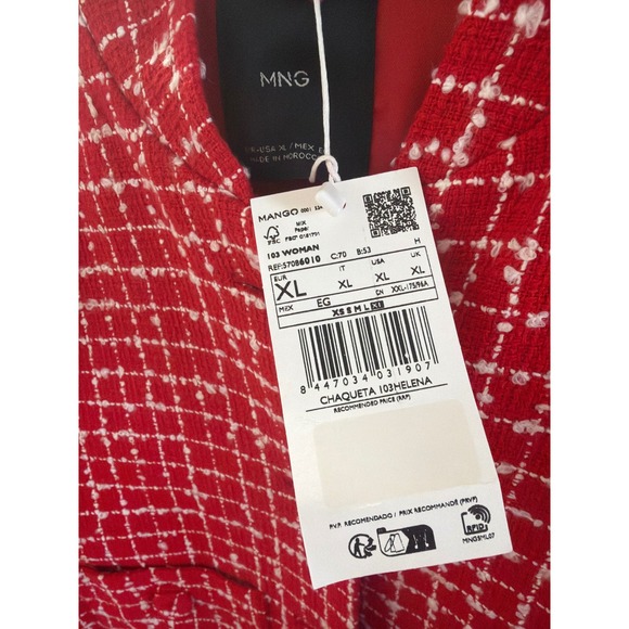 Mango Helena Red White Tweed Bomber Jacket Mock Neck Cropped XL NEW 57086010 - Picture 5 of 5